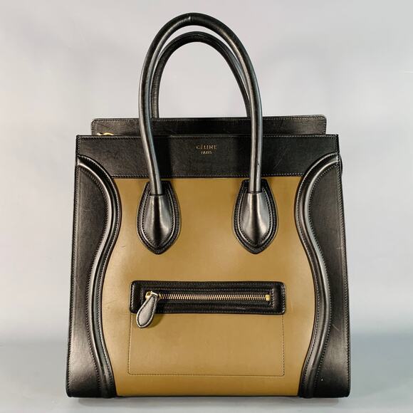 CELINE Brown Taupe Color Block Leather Tote Handbag - Picture 1 of 9